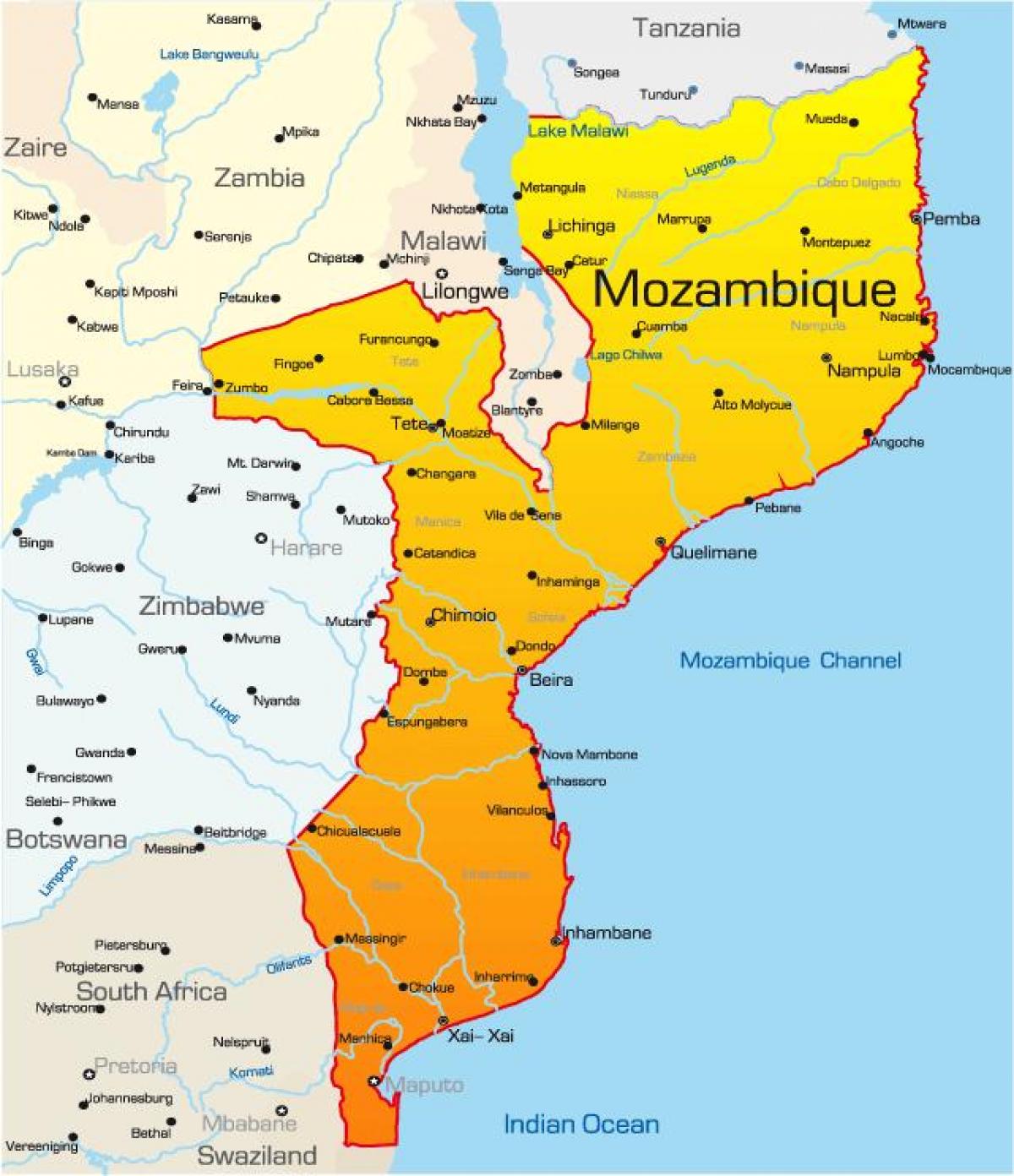 નકશો મોઝામ્બિક નકશો સાથે અંતર