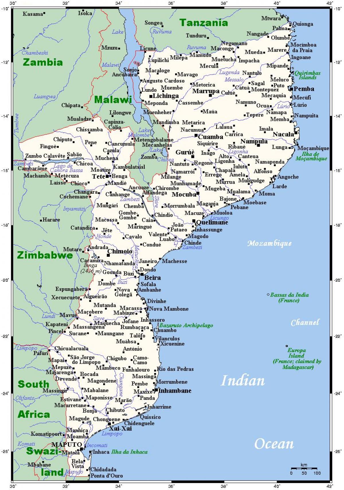 નકશો મોઝામ્બિક શહેરો